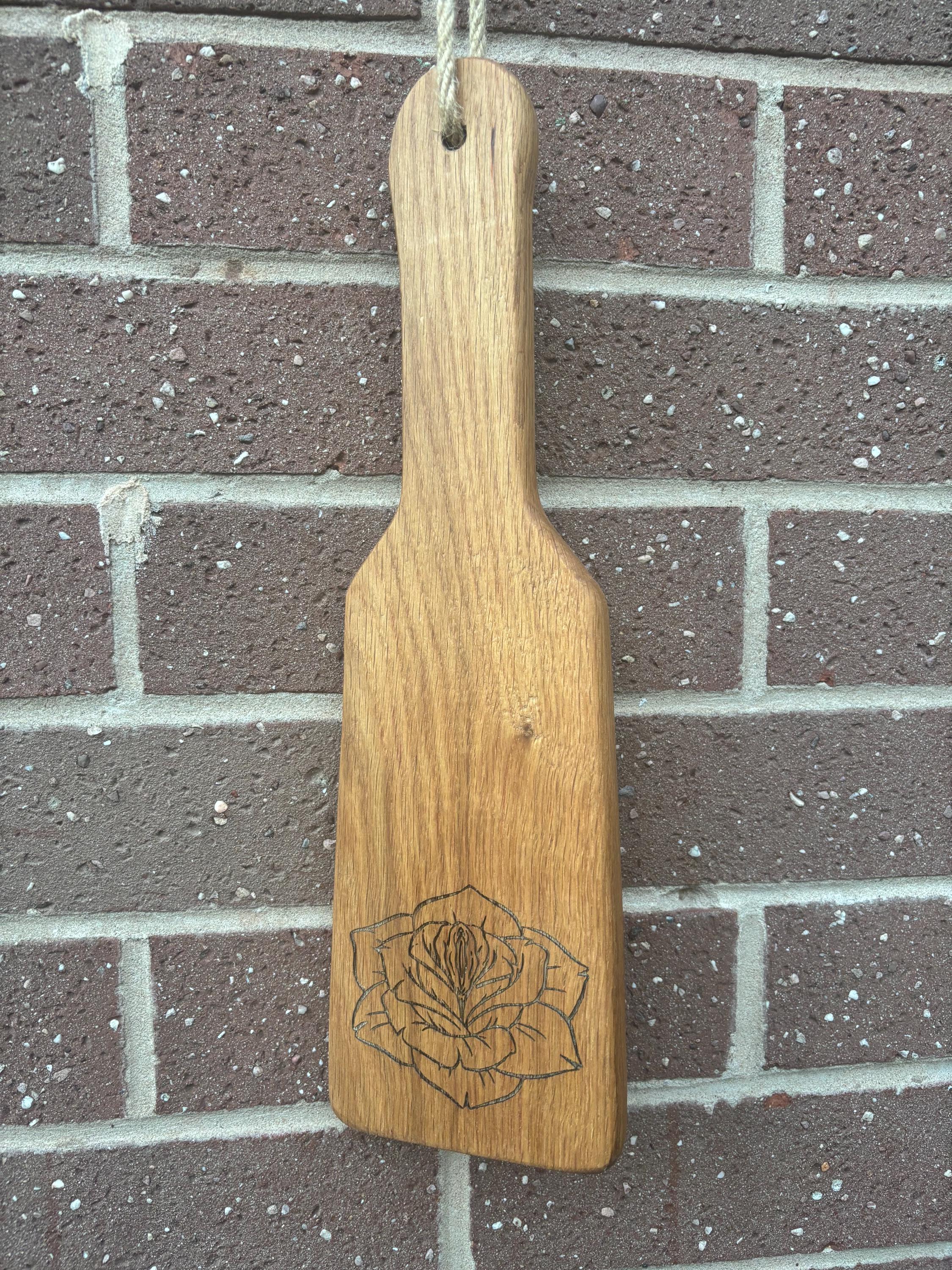 Rude Flower Engraved Oak Spanking Paddle