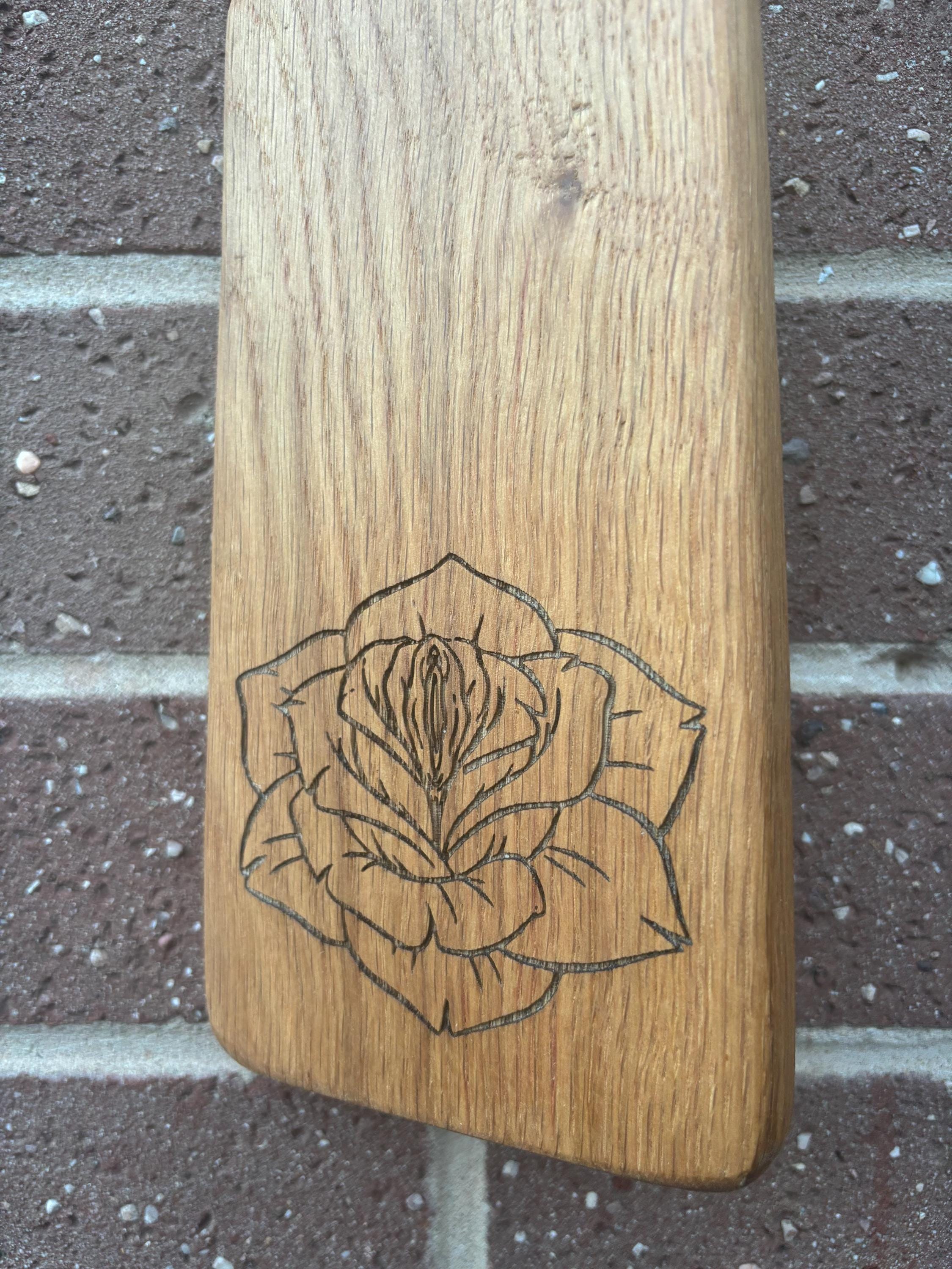 Rude Flower Engraved Oak Spanking Paddle